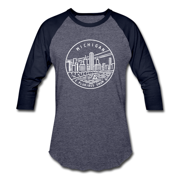 Michigan Baseball T-Shirt - Retro Mountain Unisex Michigan Raglan T Shirt - heather blue/navy