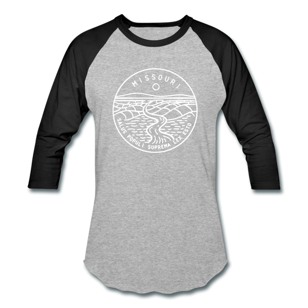 Missouri Baseball T-Shirt - Retro Mountain Unisex Missouri Raglan T Shirt - heather gray/black