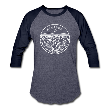 Missouri Baseball T-Shirt - Retro Mountain Unisex Missouri Raglan T Shirt - heather blue/navy