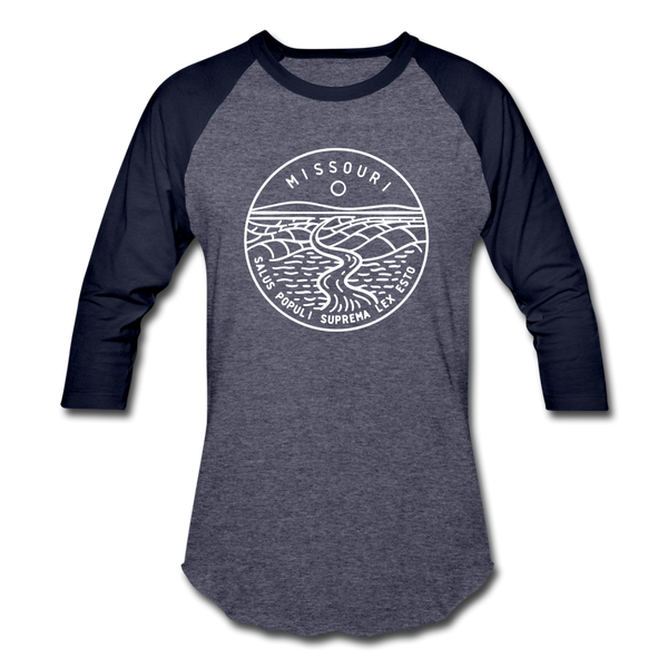 Missouri Baseball T-Shirt - Retro Mountain Unisex Missouri Raglan T Shirt - heather blue/navy