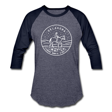 Oklahoma Baseball T-Shirt - Retro Mountain Unisex Oklahoma Raglan T Shirt - heather blue/navy