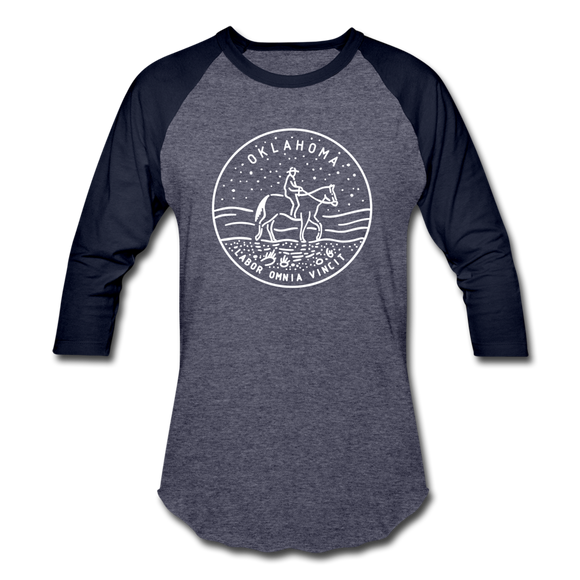 Oklahoma Baseball T-Shirt - Retro Mountain Unisex Oklahoma Raglan T Shirt - heather blue/navy