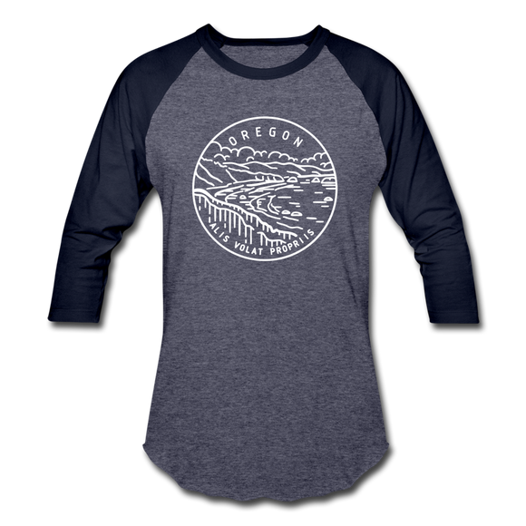 Oregon Baseball T-Shirt - Retro Mountain Unisex Oregon Raglan T Shirt - heather blue/navy