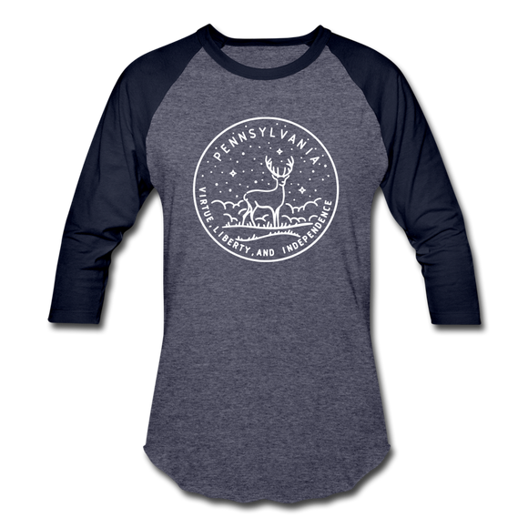 Pennsylvania Baseball T-Shirt - Retro Mountain Unisex Pennsylvania Raglan T Shirt - heather blue/navy