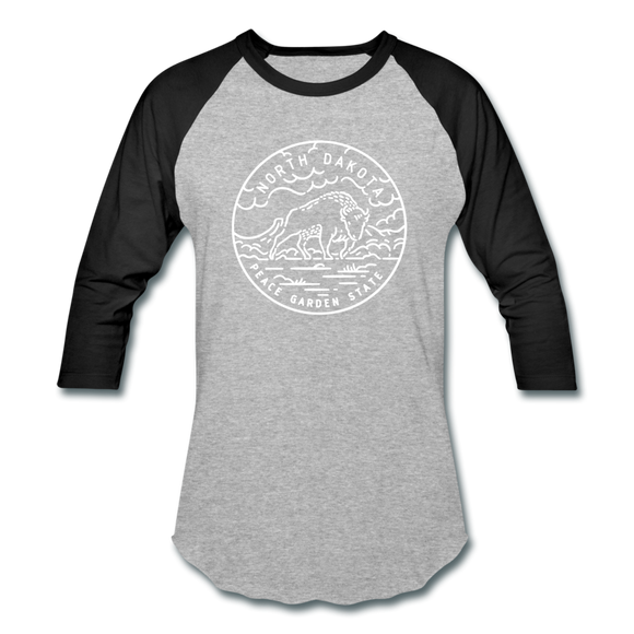 North Dakota Baseball T-Shirt - Retro Mountain Unisex North Dakota Raglan T Shirt - heather gray/black