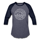 North Dakota Baseball T-Shirt - Retro Mountain Unisex North Dakota Raglan T Shirt - heather blue/navy