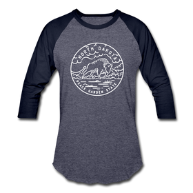 North Dakota Baseball T-Shirt - Retro Mountain Unisex North Dakota Raglan T Shirt - heather blue/navy