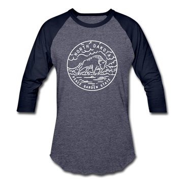 North Dakota Baseball T-Shirt - Retro Mountain Unisex North Dakota Raglan T Shirt - heather blue/navy