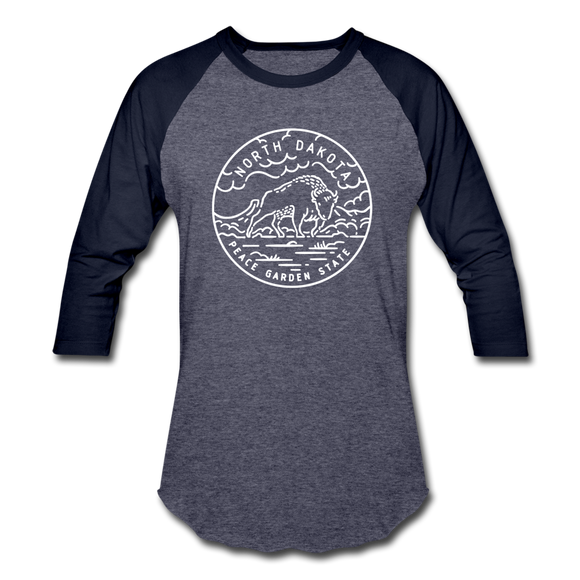 North Dakota Baseball T-Shirt - Retro Mountain Unisex North Dakota Raglan T Shirt - heather blue/navy