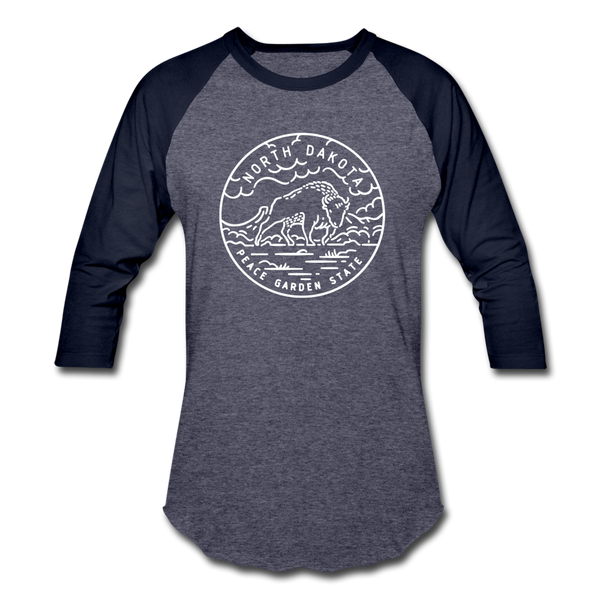 North Dakota Baseball T-Shirt - Retro Mountain Unisex North Dakota Raglan T Shirt - heather blue/navy