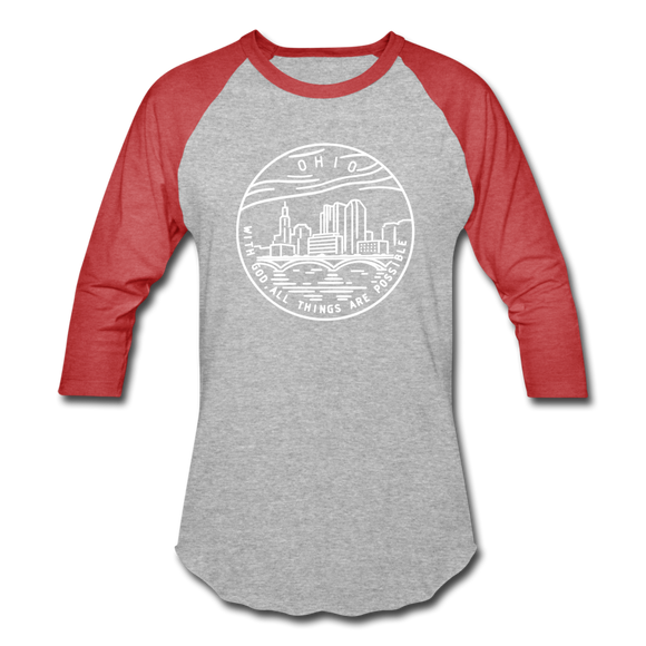 Ohio Baseball T-Shirt - Retro Mountain Unisex Ohio Raglan T Shirt - heather gray/red