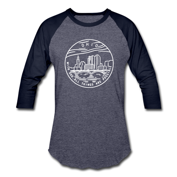 Ohio Baseball T-Shirt - Retro Mountain Unisex Ohio Raglan T Shirt - heather blue/navy