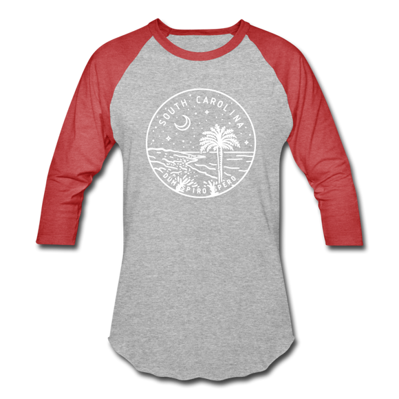 South Carolina Baseball T-Shirt - Retro Mountain Unisex South Carolina Raglan T Shirt - heather gray/red