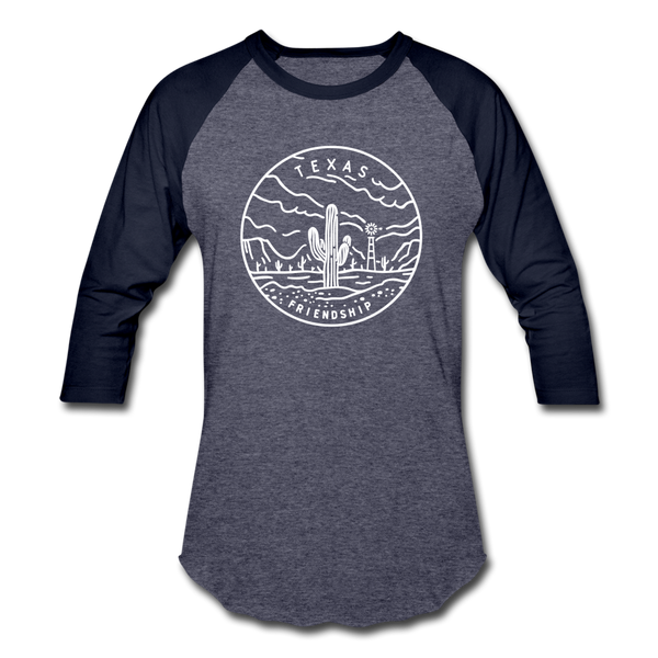 Texas Baseball T-Shirt - Retro Mountain Unisex Texas Raglan T Shirt - heather blue/navy