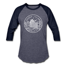 Rhode Island Baseball T-Shirt - Retro Mountain Unisex Rhode Island Raglan T Shirt - heather blue/navy
