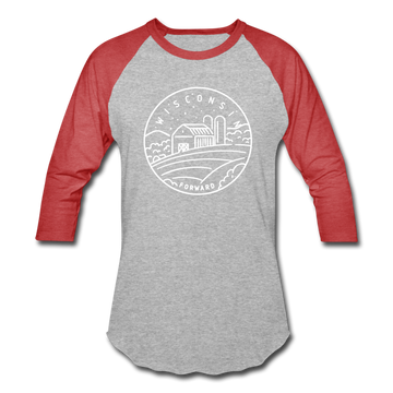 Wisconsin Baseball T-Shirt - Retro Mountain Unisex Wisconsin Raglan T Shirt - heather gray/red