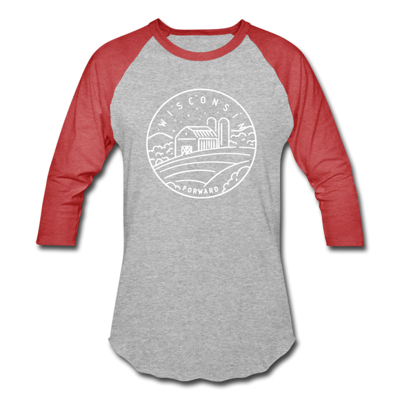 Wisconsin Baseball T-Shirt - Retro Mountain Unisex Wisconsin Raglan T Shirt - heather gray/red