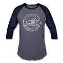Wisconsin Baseball T-Shirt - Retro Mountain Unisex Wisconsin Raglan T Shirt - heather blue/navy