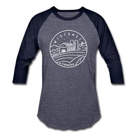 Wisconsin Baseball T-Shirt - Retro Mountain Unisex Wisconsin Raglan T Shirt - heather blue/navy
