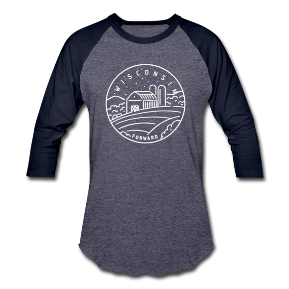 Wisconsin Baseball T-Shirt - Retro Mountain Unisex Wisconsin Raglan T Shirt - heather blue/navy