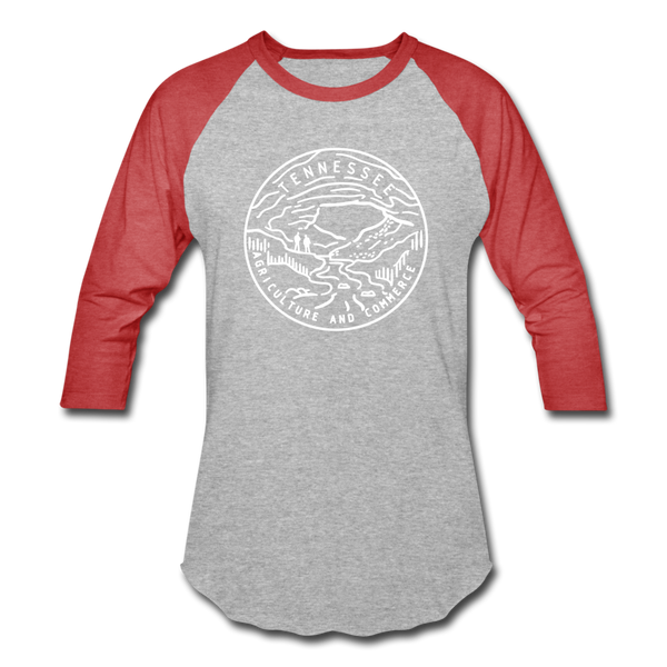 Tennessee Baseball T-Shirt - Retro Mountain Unisex Tennessee Raglan T Shirt - heather gray/red