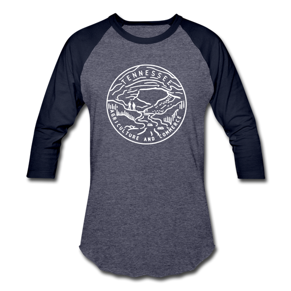 Tennessee Baseball T-Shirt - Retro Mountain Unisex Tennessee Raglan T Shirt - heather blue/navy