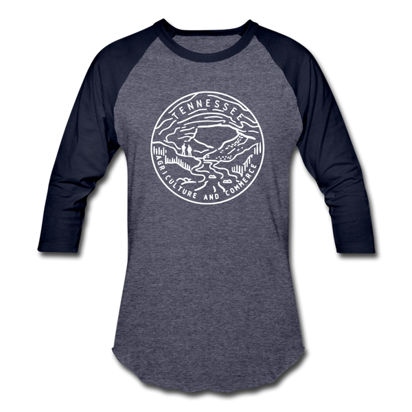 Tennessee Baseball T-Shirt - Retro Mountain Unisex Tennessee Raglan T Shirt - heather blue/navy