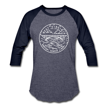 West Virginia Baseball T-Shirt - Retro Mountain Unisex West Virginia Raglan T Shirt - heather blue/navy