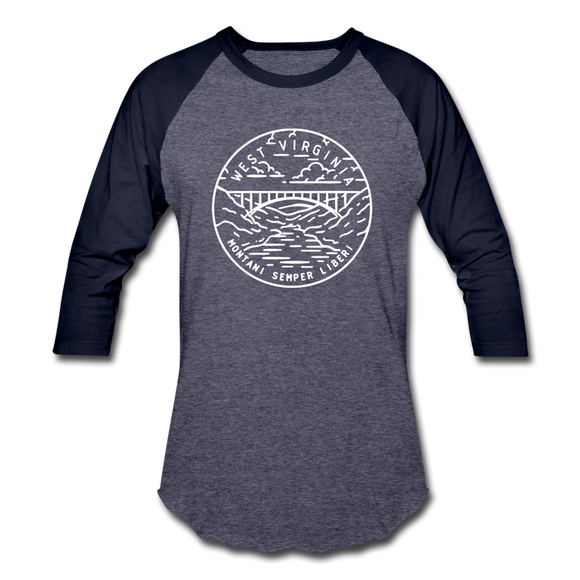 West Virginia Baseball T-Shirt - Retro Mountain Unisex West Virginia Raglan T Shirt - heather blue/navy