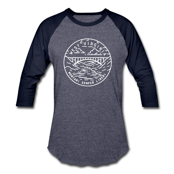 West Virginia Baseball T-Shirt - Retro Mountain Unisex West Virginia Raglan T Shirt - heather blue/navy