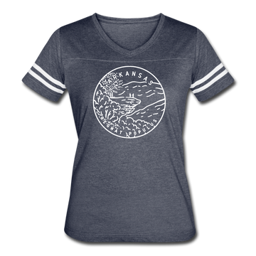 Arkansas Women’s Vintage Sport T-Shirt - State Design Women’s Arkansas Shirt - vintage navy/white