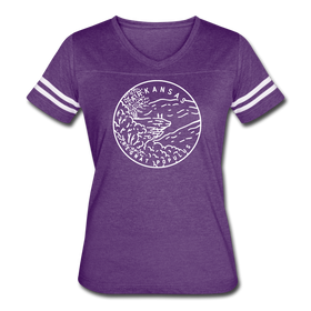 Arkansas Women’s Vintage Sport T-Shirt - State Design Women’s Arkansas Shirt - vintage purple/white