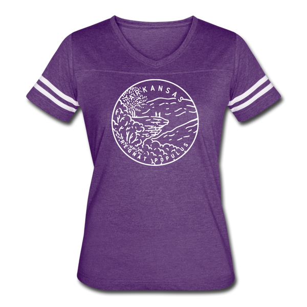 Arkansas Women’s Vintage Sport T-Shirt - State Design Women’s Arkansas Shirt - vintage purple/white
