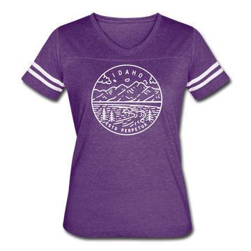 Idaho Women’s Vintage Sport T-Shirt - State Design Women’s Idaho Shirt - vintage purple/white