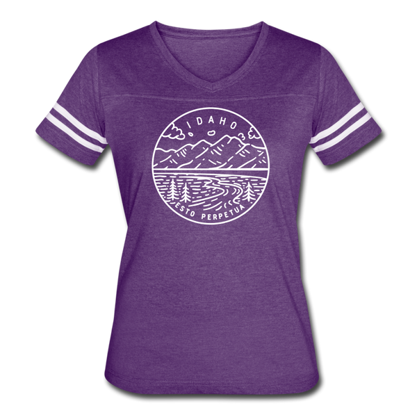 Idaho Women’s Vintage Sport T-Shirt - State Design Women’s Idaho Shirt - vintage purple/white