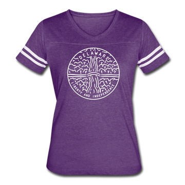 Delaware Women’s Vintage Sport T-Shirt - State Design Women’s Delaware Shirt - vintage purple/white