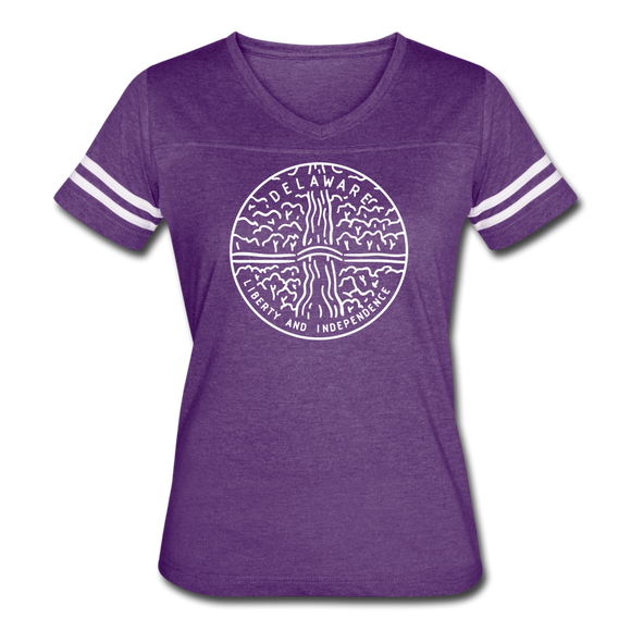 Delaware Women’s Vintage Sport T-Shirt - State Design Women’s Delaware Shirt - vintage purple/white