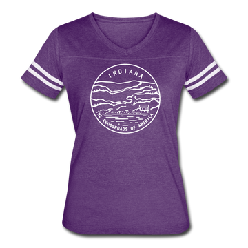 Indiana Women’s Vintage Sport T-Shirt - State Design Women’s Indiana Shirt - vintage purple/white