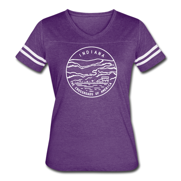 Indiana Women’s Vintage Sport T-Shirt - State Design Women’s Indiana Shirt - vintage purple/white