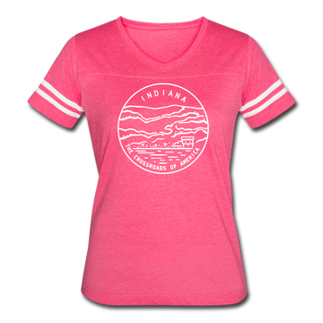 Indiana Women’s Vintage Sport T-Shirt - State Design Women’s Indiana Shirt - vintage pink/white