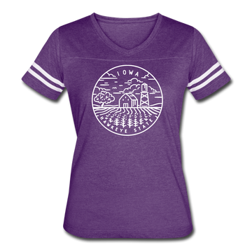 Iowa Women’s Vintage Sport T-Shirt - State Design Women’s Iowa Shirt - vintage purple/white