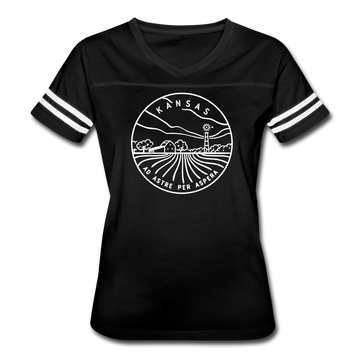 Kansas Women’s Vintage Sport T-Shirt - State Design Women’s Kansas Shirt - black/white