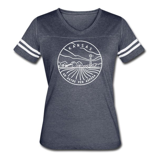 Kansas Women’s Vintage Sport T-Shirt - State Design Women’s Kansas Shirt - vintage navy/white
