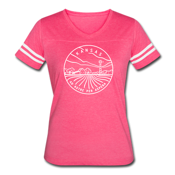 Kansas Women’s Vintage Sport T-Shirt - State Design Women’s Kansas Shirt - vintage pink/white