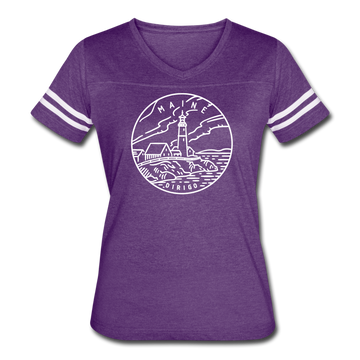 Maine Women’s Vintage Sport T-Shirt - State Design Women’s Maine Shirt - vintage purple/white