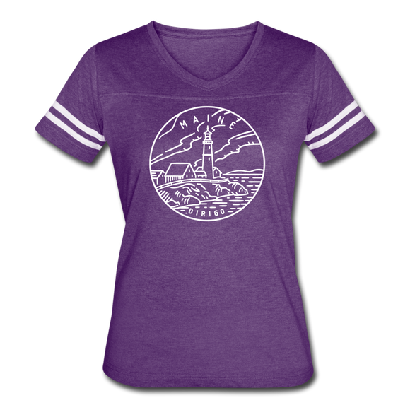 Maine Women’s Vintage Sport T-Shirt - State Design Women’s Maine Shirt - vintage purple/white