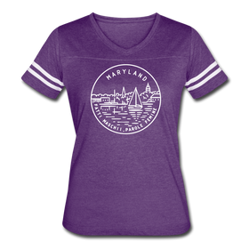 Maryland Women’s Vintage Sport T-Shirt - State Design Women’s Maryland Shirt - vintage purple/white