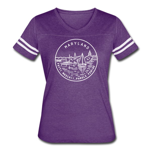 Maryland Women’s Vintage Sport T-Shirt - State Design Women’s Maryland Shirt - vintage purple/white