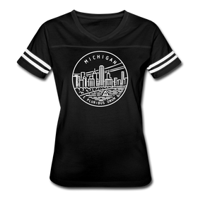 Michigan Women’s Vintage Sport T-Shirt - State Design Women’s Michigan Shirt - black/white