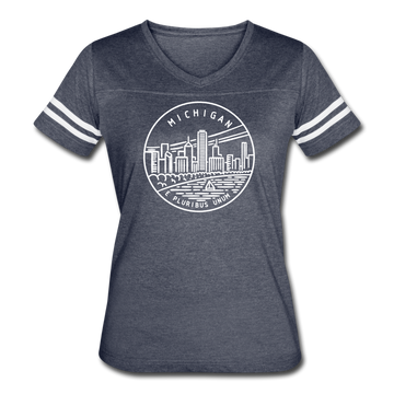 Michigan Women’s Vintage Sport T-Shirt - State Design Women’s Michigan Shirt - vintage navy/white